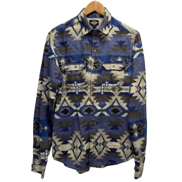 Salt Valley Mens Sz M Button Front Western Aztec Southwestern Blue Pockets Shirt - Picture 2 of 5